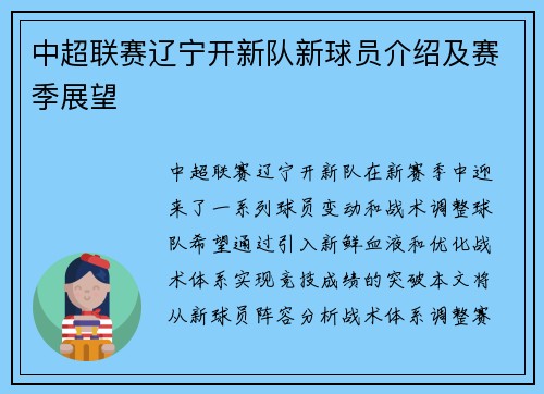 中超联赛辽宁开新队新球员介绍及赛季展望